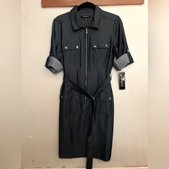 NWT Sharagano Stretch Navy Denim Style Midi Dress Size 8 - Picture 3 of 16